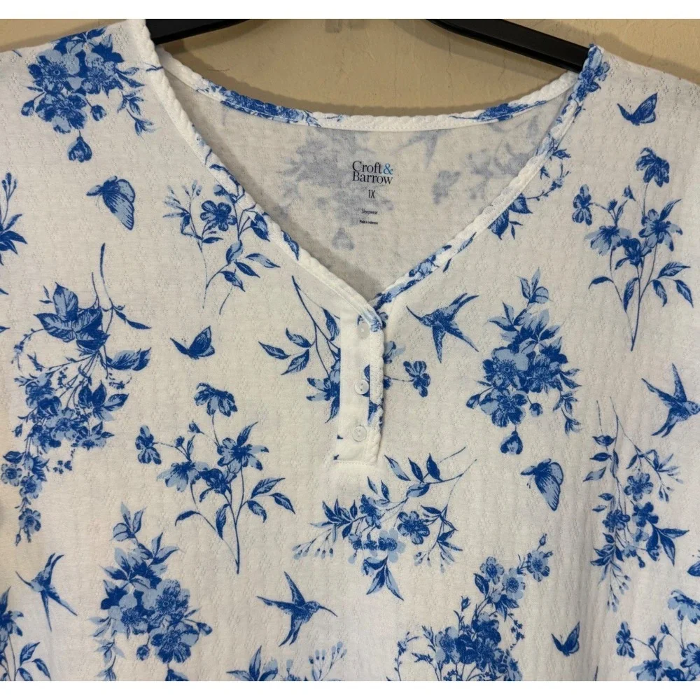 Croft & Barrow Nightgown Women 1X Blue Floral Hummingbird Henley Sleep Shirt NEW